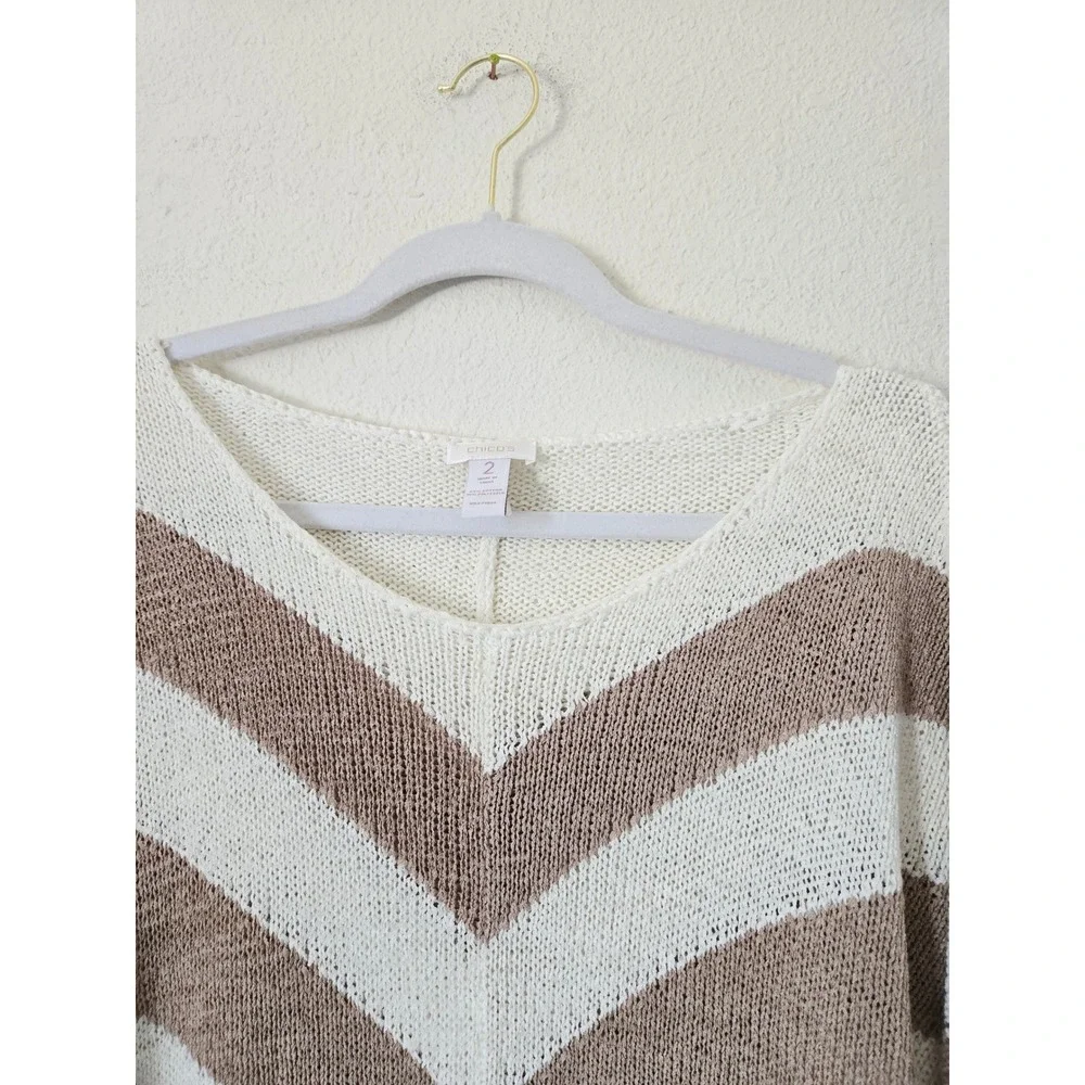 Chico's 2 Womens Chevron Stripe V-Neck Roll-Tab Sleeve‎ Sweater White Beachy